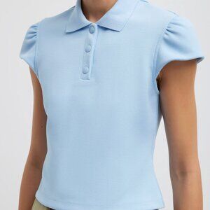 Tibi luxe pique shrunken polo shirt, L, blue, $130.